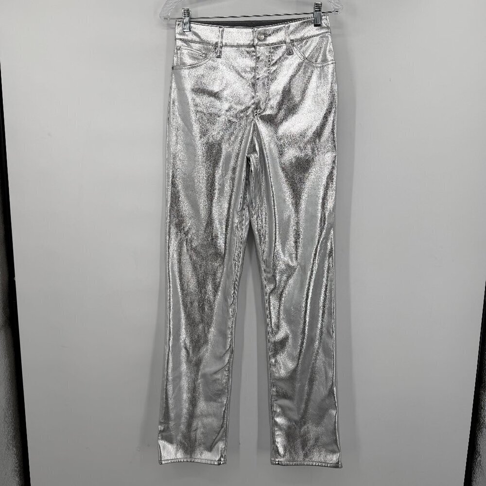 Express Metallic Silver High Rise Modern Straight Jeans Size 4L Party Y2K